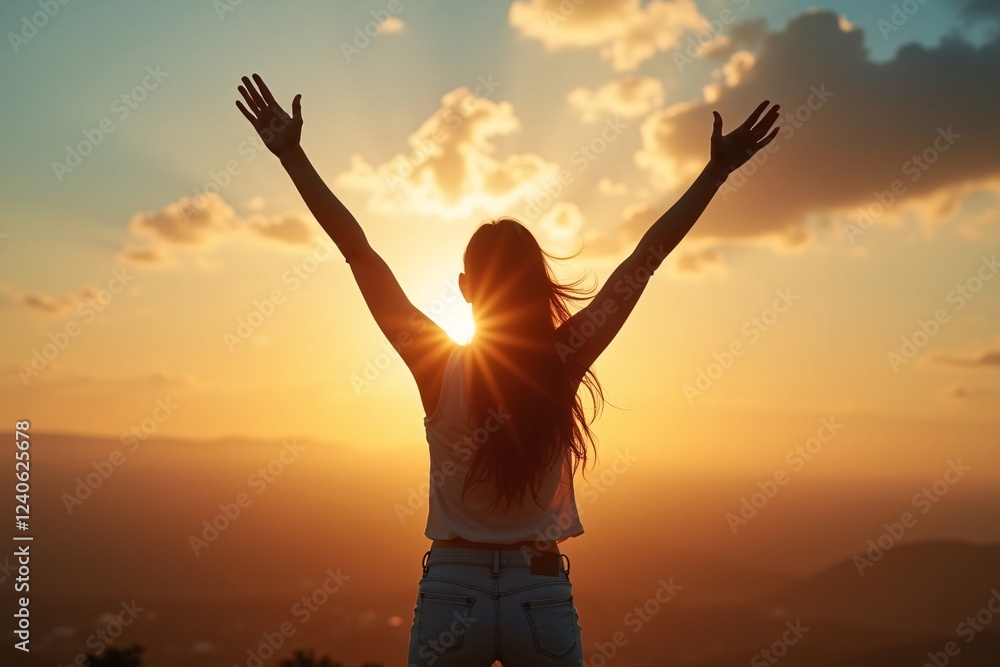 Confident successful woman celebrating achievement with arms raised, symbolizing empowerment and personal growth.