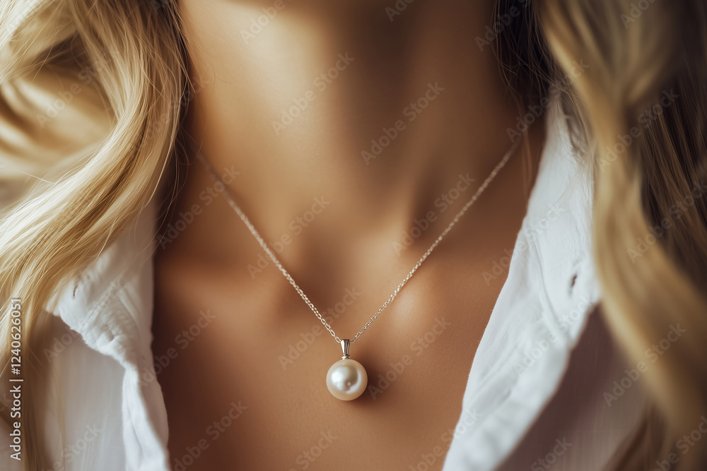 Jewelry close-up, pendant with pearl on a woman's chest Jewelry close-up, pendant with pearl on a woman's chest