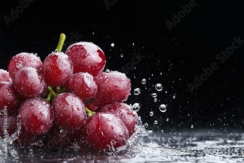 A close-up top-view of fresh red grapes with water droplets on them as the background