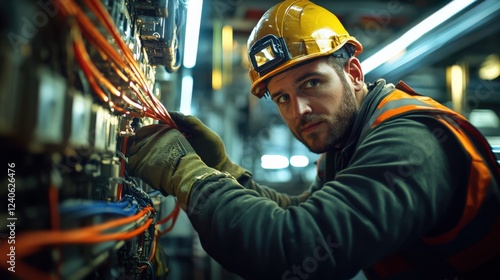 Skilled electrician working in a power facility, focused on electrical wires and connections, using safety gear for protection.