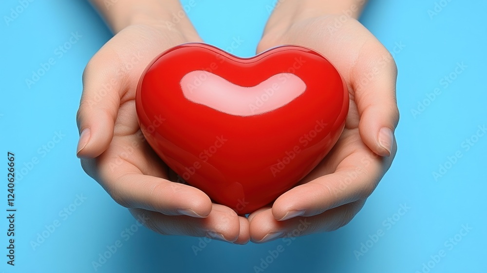 Hands Holding a Shiny Red Heart Against a Blue Background Hands Holding a Shiny Red Heart Against a Blue Background