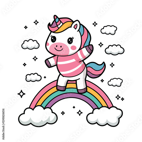 A cute and cheerful cartoon unicorn with a pink and white striped sweater, standing on a colorful rainbow bridge surrounded by fluffy white clouds.