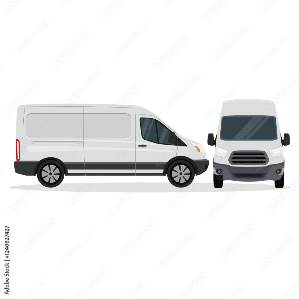 Vector illustration of white or silver van land vehicle in cartoon flat style. Cargo vehicle front, side and rear view. Silver delivery mini van isolated. Delivery Van Mockup for Advertising Vector illustration of white or silver van land vehicle in cartoon flat style. Cargo vehicle front, side and rear view. Silver delivery mini van isolated. Delivery Van Mockup for Advertising
