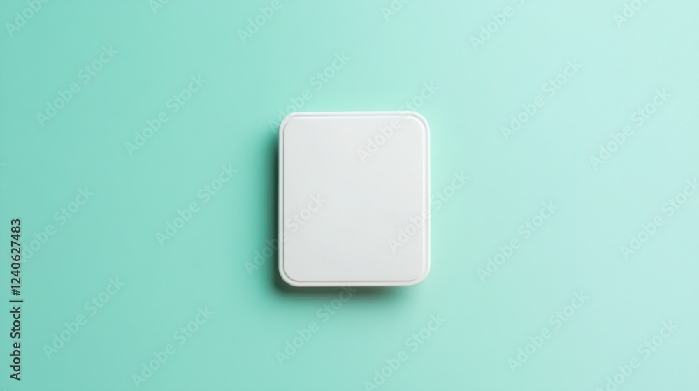 Minimalist white square badge mockup with realistic texture, isolated on pastel mint background Minimalist white square badge mockup with realistic texture, isolated on pastel mint background