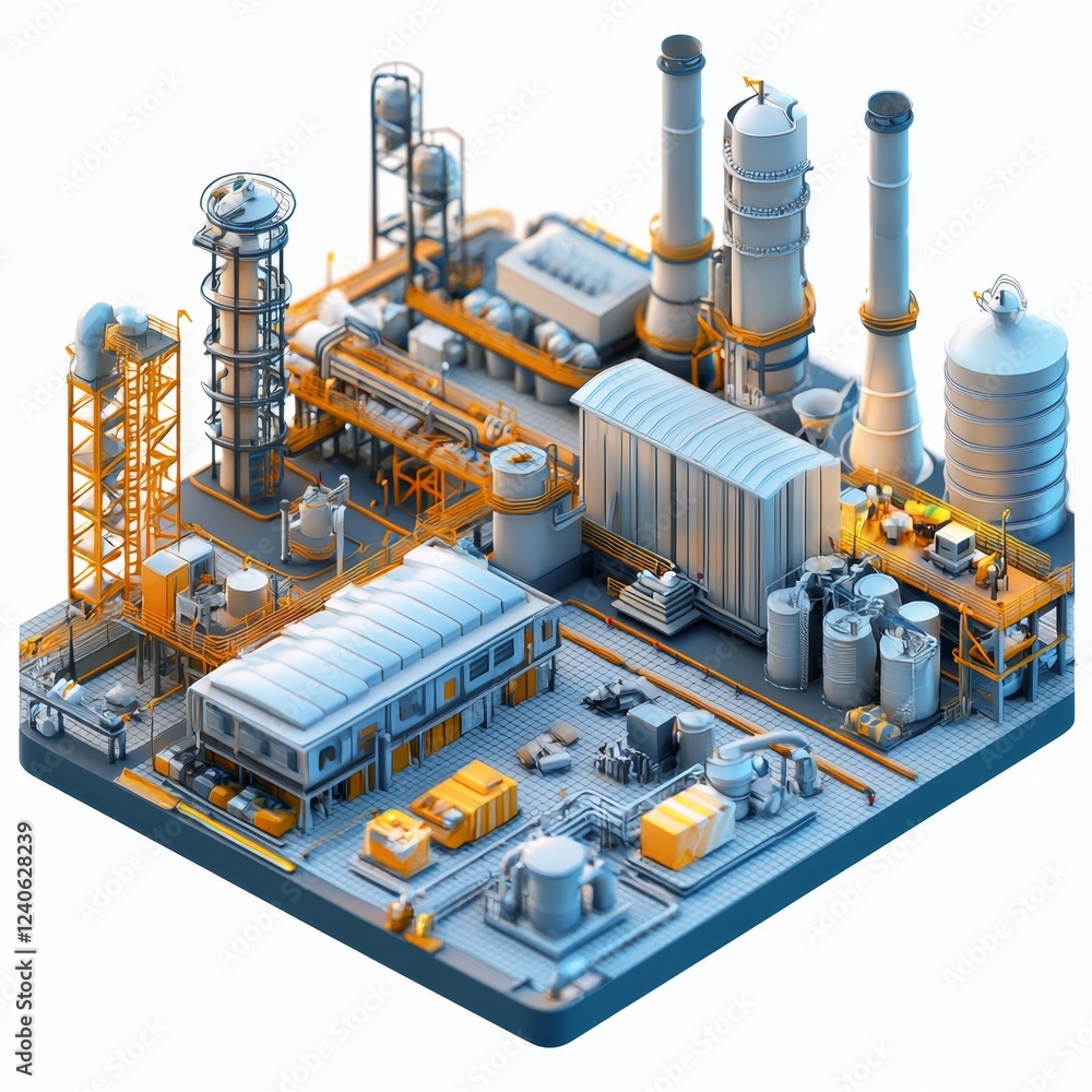 Detailed Overview of an Industrial Plant Featuring Pipes, Tanks, and Equipment in a Vibrant Orange and Blue Color Scheme Detailed Overview of an Industrial Plant Featuring Pipes, Tanks, and Equipment in a Vibrant Orange and Blue Color Scheme