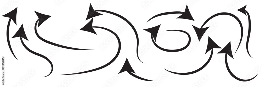 Set of black hand drawn arrows isolated on white. Vector illustration. Hand drawn doodle sketch style. Decoration for web design Set of black hand drawn arrows isolated on white. Vector illustration. Hand drawn doodle sketch style. Decoration for web design