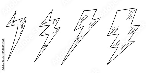 Set of Hand drawn electric lightning. Doodle thunderbolt and thunderstorm. isolated on white background. vector illustration