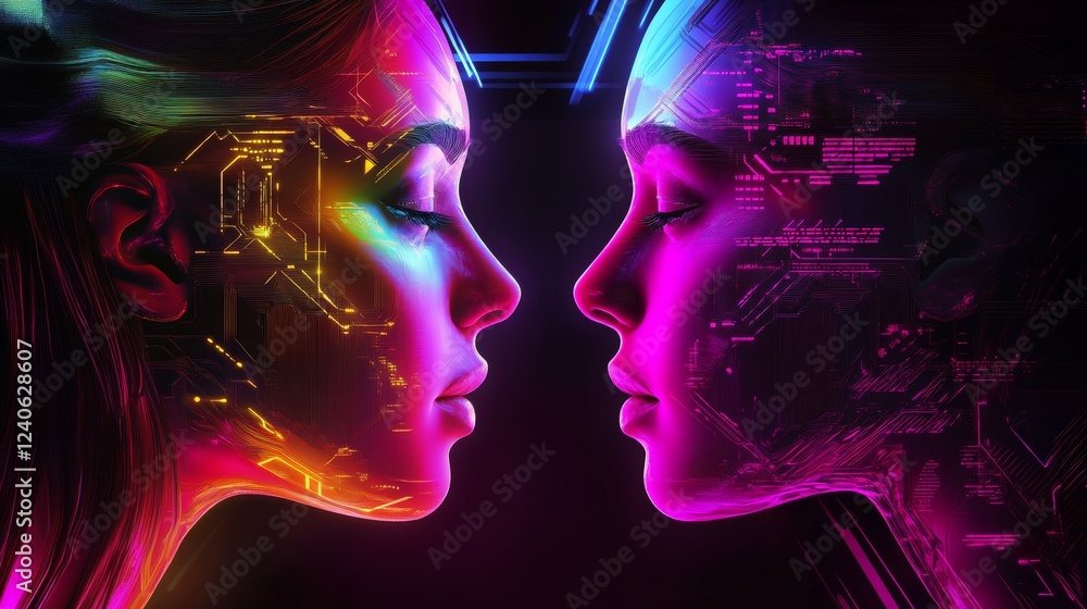Obraz premium Futuristic Profile Silhouette with Neon Lights and Digital Patterns