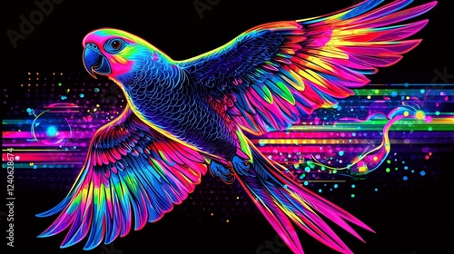 Hawk Animal Plexus with Neon Black Background, Digital Desktop Wallpaper HD 4k, Network Light Glowing Laser Motion, Bright Abstract