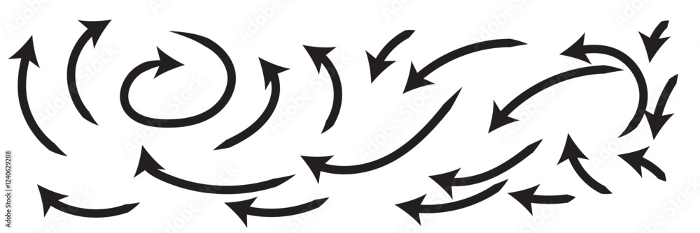Set of black hand drawn arrow element vector. Collection of doodle arrows, lines, symbol, pointing mark, shapes on white background. Simple icon illustration for education, decoration, map. Set of black hand drawn arrow element vector. Collection of doodle arrows, lines, symbol, pointing mark, shapes on white background. Simple icon illustration for education, decoration, map.