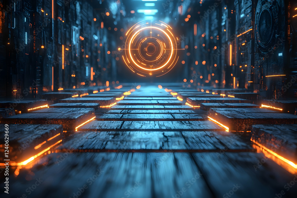 Glowing Wooden Path to Futuristic Portal Glowing Wooden Path to Futuristic Portal