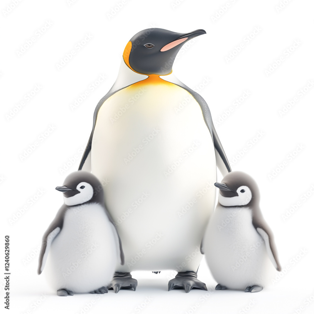 Obraz premium Realistic penguin with two baby emperor penguin