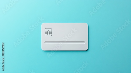 Stylish white plastic card badge with rounded edges, isolated on pastel blue background