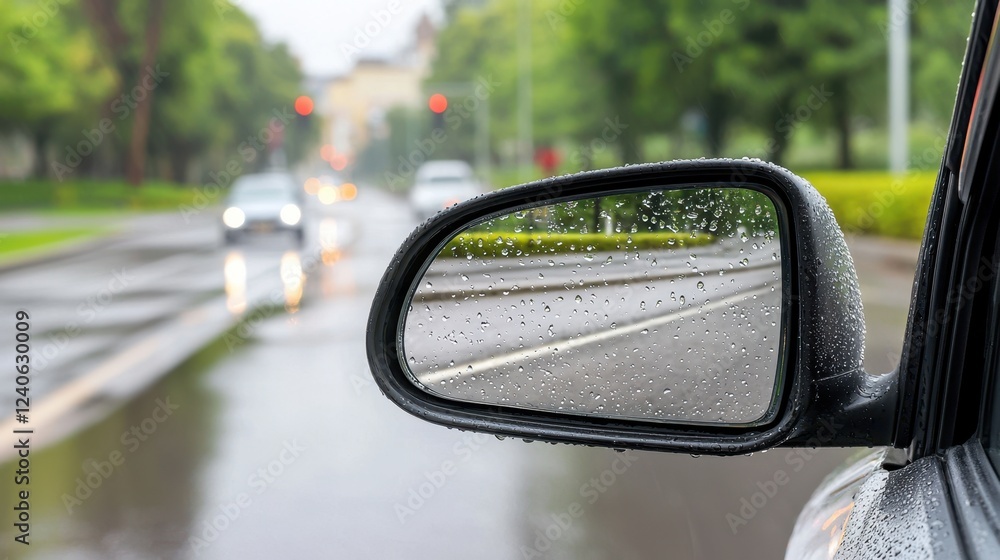 Rainy Day Drive Reflected in Car Side Mirror with Wet Roads and Greenery Perfect for Weather-Themed Posters or Safety Design Elements Featuring Soft Colors and a Calm Mood Rainy Day Drive Reflected in Car Side Mirror with Wet Roads and Greenery Perfect for Weather-Themed Posters or Safety Design Elements Featuring Soft Colors and a Calm Mood