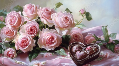 Sweet Indulgence: A Romantic Gift of Soft Pink Roses and a Delectable Chocolate Heart, Beautifully Presented in a Heart-Shaped Box, Sure to Delight Your Sweetheart on Valentine's Day or Any Special Da