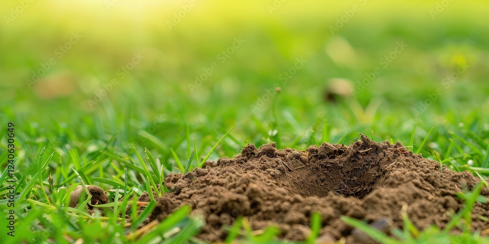 Fototapeta premium A fresh molehill of dark soil sits on a grassy lawn