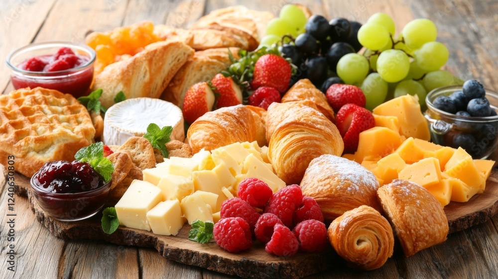 Rustic Breakfast Board with Pastries Fruit and Cheese Rustic Breakfast Board with Pastries Fruit and Cheese