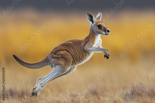 Kangaroo Leaping Through Open Grassland at Dusk - Nature and Wildlife Photography photo