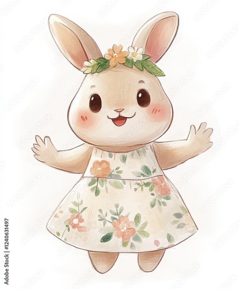 Obraz premium Cute cartoon bunny character in floral dress with cheerful expression