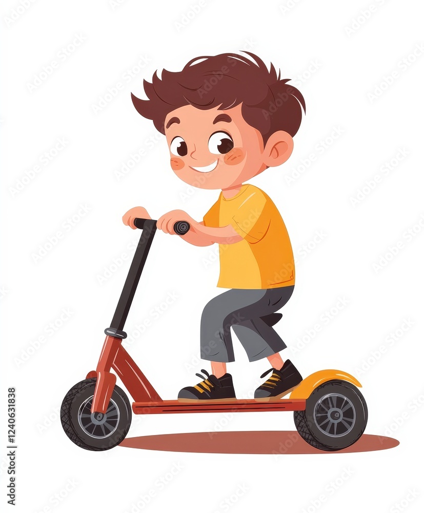 Happy Boy Riding a Scooter with Joyful Expression and Motion Happy Boy Riding a Scooter with Joyful Expression and Motion