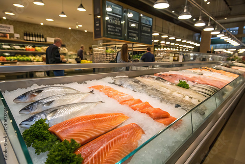 A variety of fresh fish and seafood laid on ice at a supermarket seafood counter, showcasing salmon, whole fish, and fillets for sale.  
