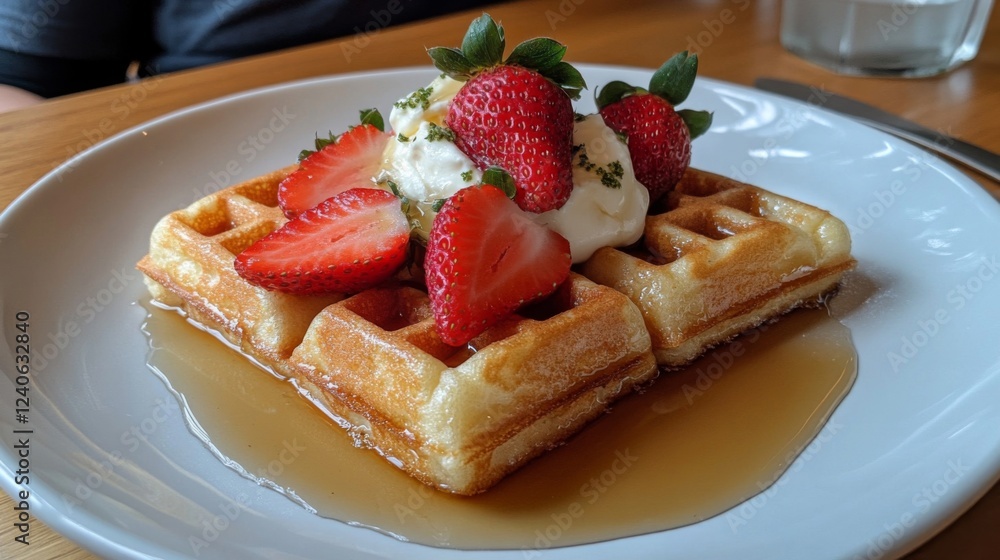 Golden Waffles with Fresh Strawberries and Whipped Cream Golden Waffles with Fresh Strawberries and Whipped Cream