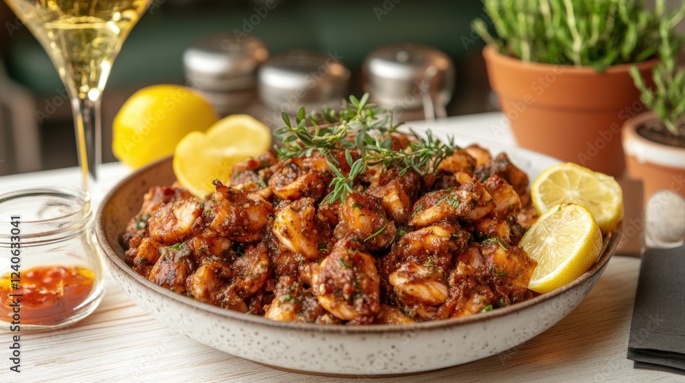 Flavorful Spicy Shrimp Dish with Fresh Lemon and Herbs on Table Flavorful Spicy Shrimp Dish with Fresh Lemon and Herbs on Table