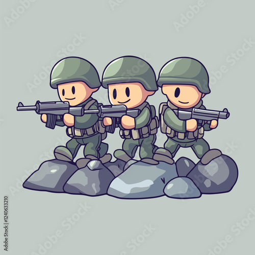 A cartoon of a soldier with a gun pointing at the viewer vector illustration 