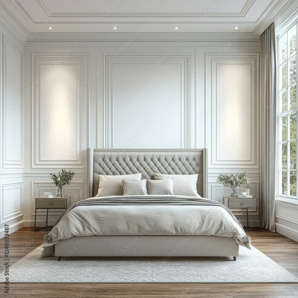 Fototapeta premium Free PNG frame mockup in a Scandinavian-style interior bedroom with a transparent background, 3D rendering