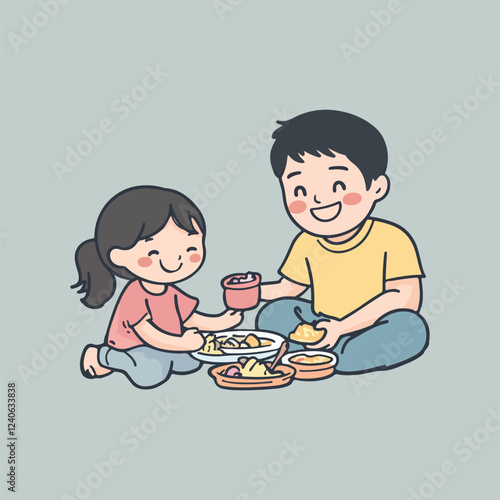 Three happy kids sitting on the floor reading books vector illustration 