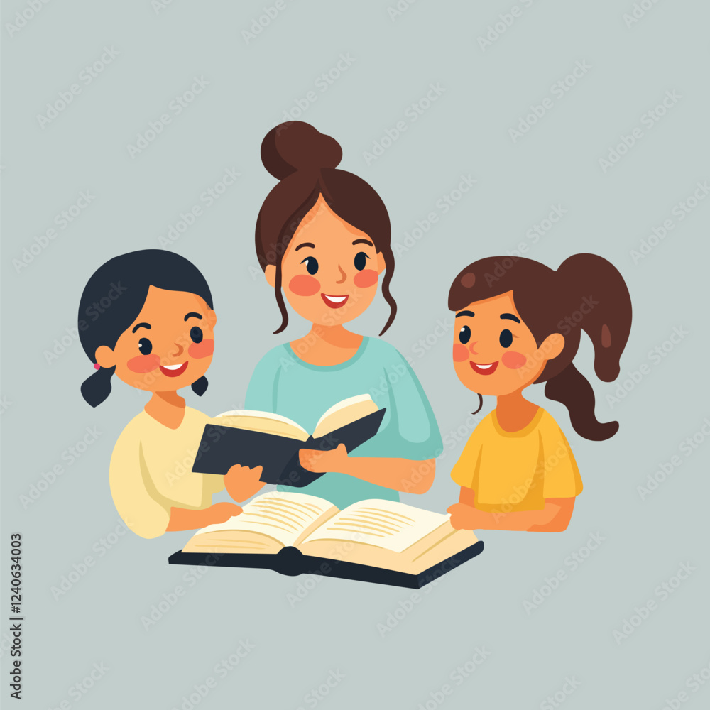 Three happy kids sitting on the floor reading books vector illustration Three happy kids sitting on the floor reading books vector illustration