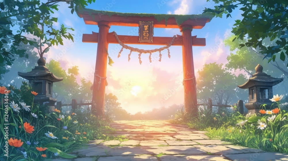 A serene, beautifully illuminated torii gate framed by lush greenery and flowers, leading toward a warm, glowing horizon. A serene, beautifully illuminated torii gate framed by lush greenery and flowers, leading toward a warm, glowing horizon.
