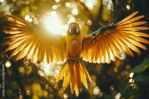 Vibrant Parrot in Flight Against a Sunlit Forest Background - Ideal for Nature and Wildlife Promotions photo