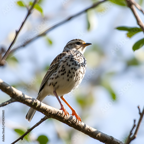 Tree lark with the scientific name of (Lullula arborea). This lark often perches in trees, in contrast to other species of larks, which use the ground much more. photo