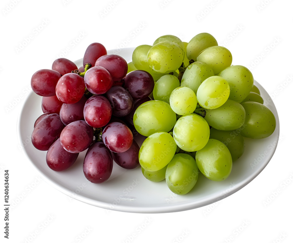 A large bunch of grapes, including red and green varieties, placed on a white plate. Transparent background
A large bunch of grapes, including red and green varieties, placed on a white plate. Transparent background