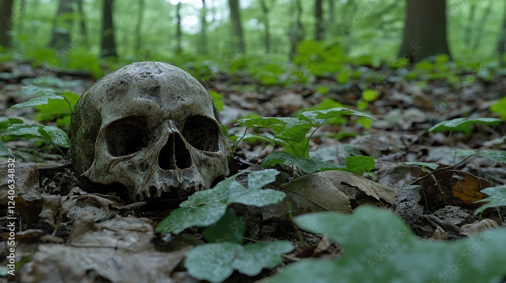 Skull on Forest Floor Surrounded by Green Leaves and Nature Skull on Forest Floor Surrounded by Green Leaves and Nature