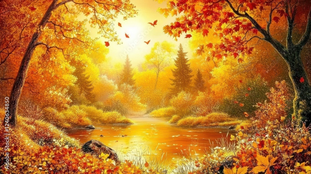 Vibrant Autumn Leaves by the River at Golden Hour