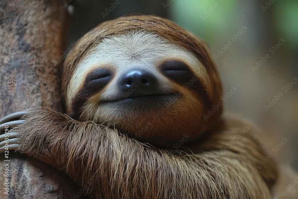 Naklejka premium Sloth Hugging a Tree in a Lush Forest - Perfect for Nature and Wildlife Content