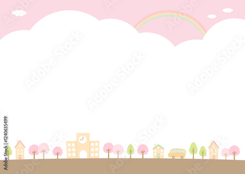 春の学校と桜と虹の街並みの風景のベクターイラスト02