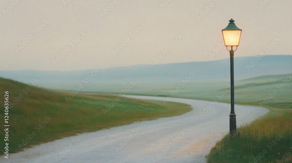 A serene landscape featuring a winding dirt path illuminated by a vintage lamp, surrounded by gentle hills and a tranquil atmosphere. A serene landscape featuring a winding dirt path illuminated by a vintage lamp, surrounded by gentle hills and a tranquil atmosphere.