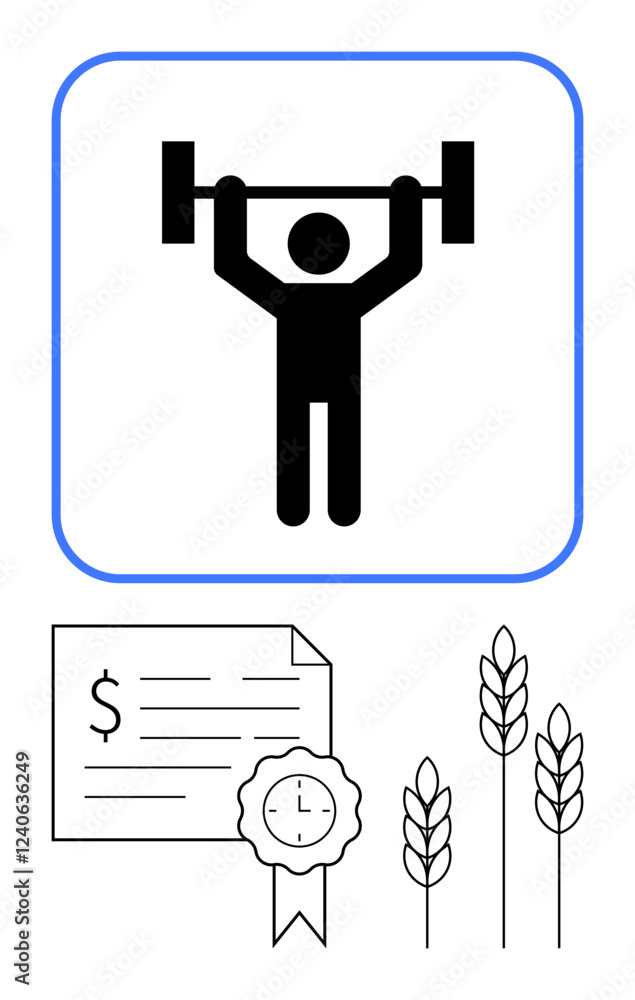 Weightlifter lifting barbells, financial certificate with ribbon, and wheat stalks. Ideal for fitness, health, rewards, agriculture, growth success and achievements. Modern abstract line flat Weightlifter lifting barbells, financial certificate with ribbon, and wheat stalks. Ideal for fitness, health, rewards, agriculture, growth success and achievements. Modern abstract line flat