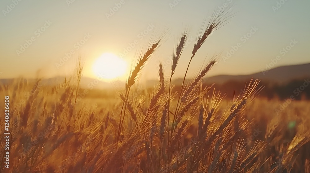 Obraz premium Golden wheat field sunset, rural landscape, agriculture, harvest
