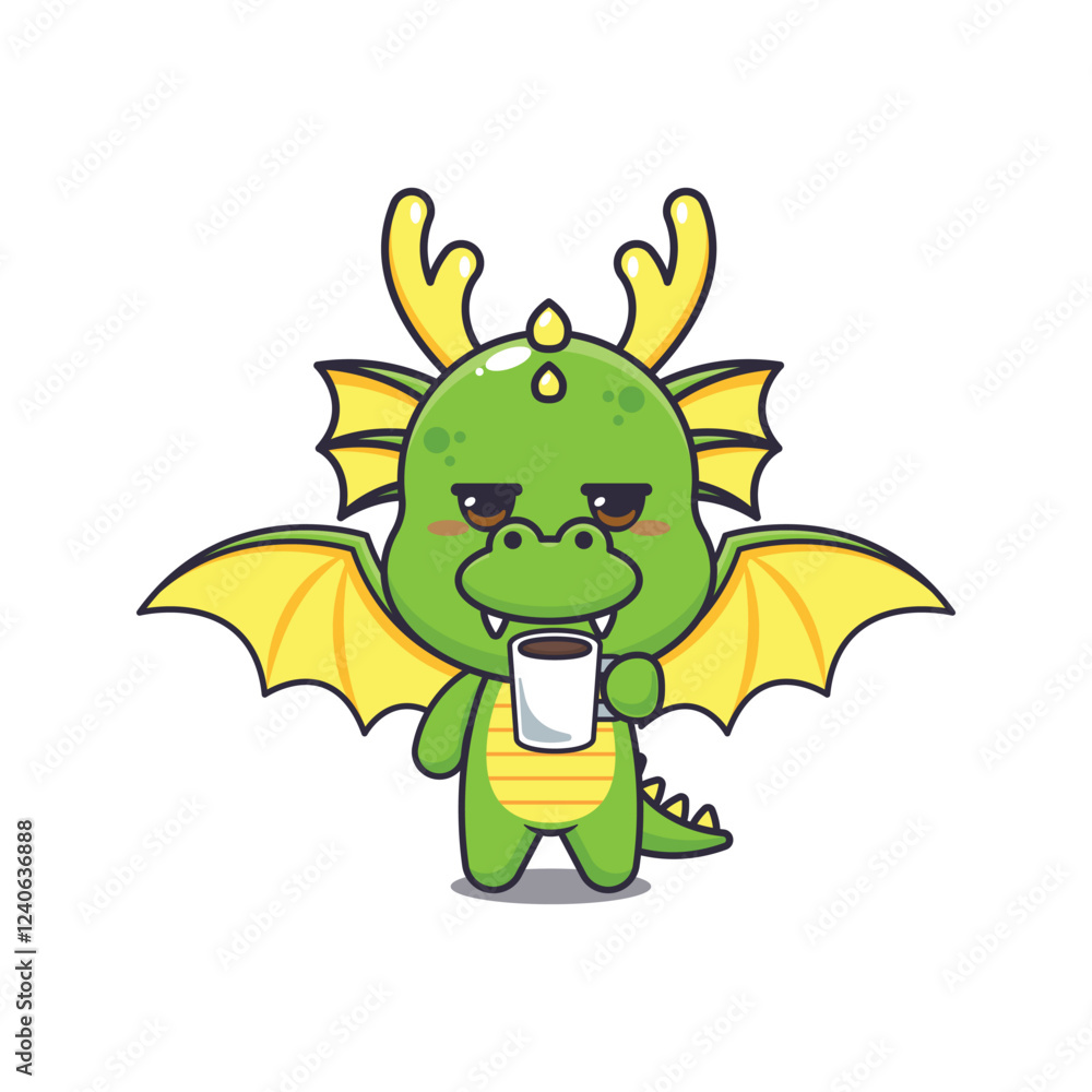 dragon mascot cartoon character vector illustration is tired and sleepy holding coffee. dragon mascot cartoon character vector illustration is tired and sleepy holding coffee.