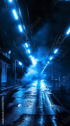 Mysterious Nighttime Alleyway Glowing with Neon Blue Lights