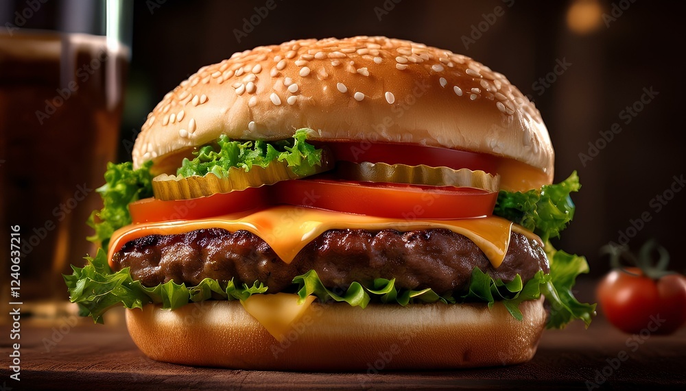 A classic hamburger with fresh lettuce, tomato, and cheese A classic hamburger with fresh lettuce, tomato, and cheese