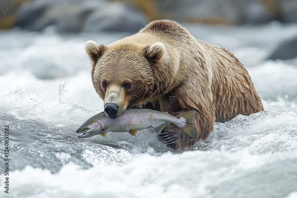 Fototapeta premium Bear Catching Salmon in River Rapids - A Stunning Wildlife Moment