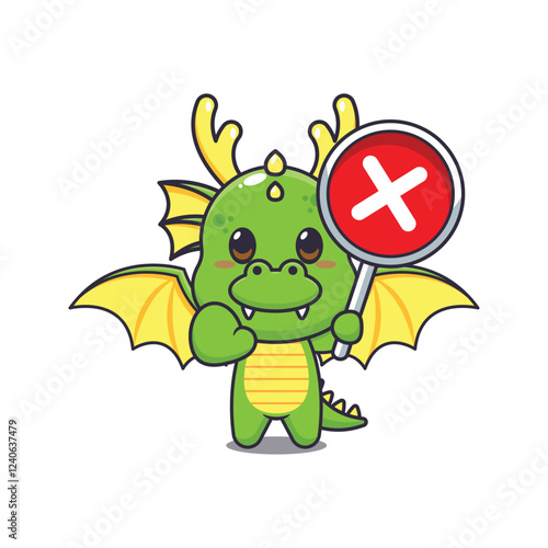 dragon mascot cartoon character vector illustration with wrong sign.
