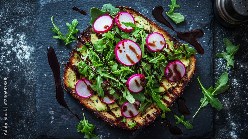 Fototapeta premium Avocado Toast with Radishes and Arugula