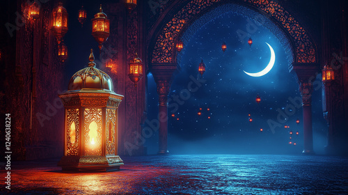 Islamic Lantern and Mosque Under Crescent Moonlit Sky