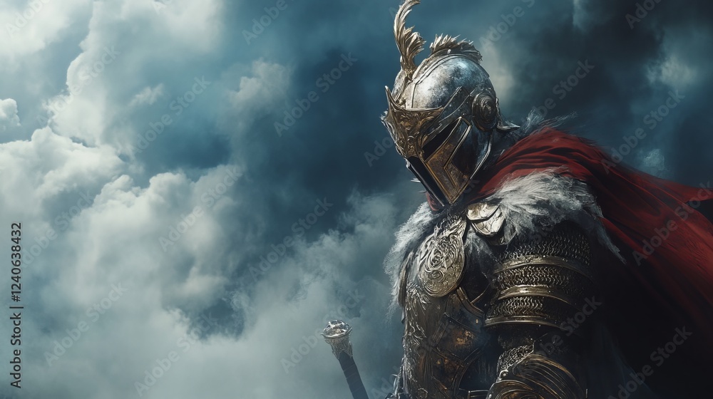 Naklejka premium A valiant warrior clad in a metallic helmet from the cosmos, wielding a formidable energy weapon. 